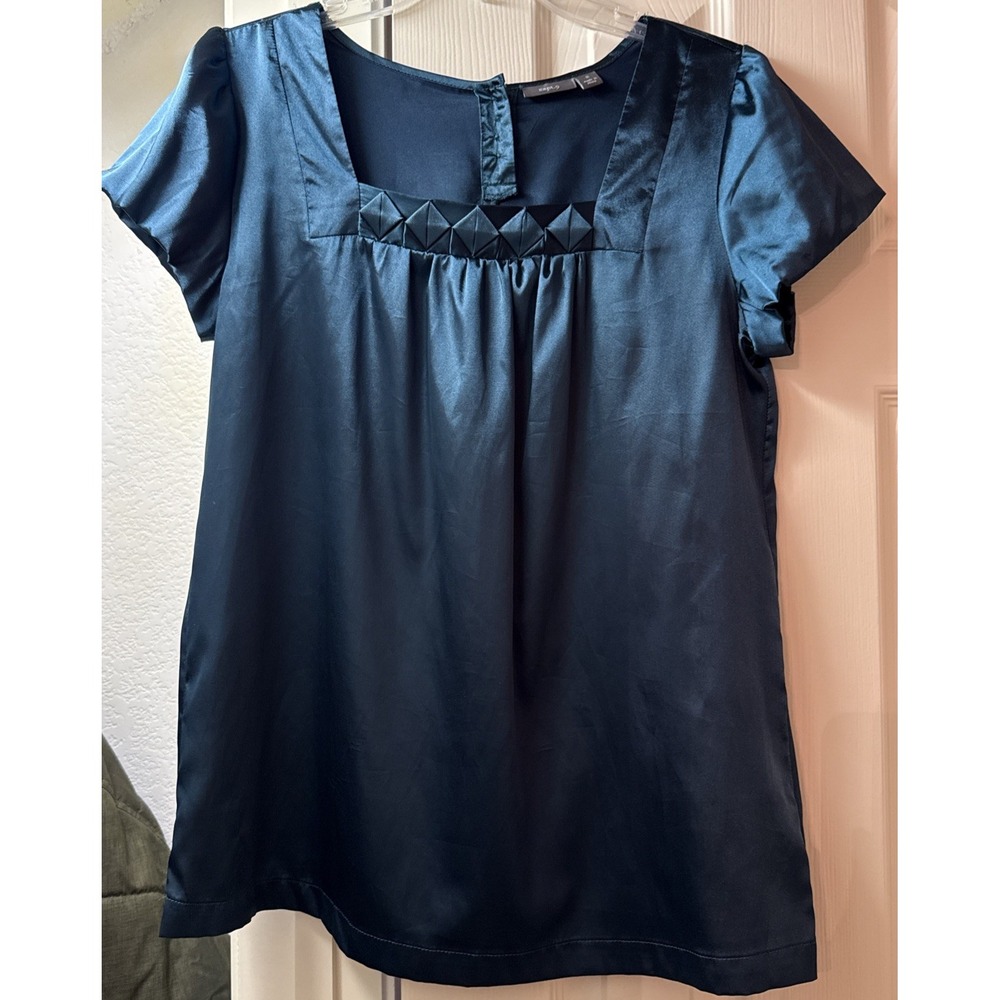 Apt. 9 Women Satin Blouse Square Neck Pleated Detail Short Sleeve Blue Small